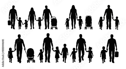 Diverse Families with Children and Strollers Silhouettes Vector Set