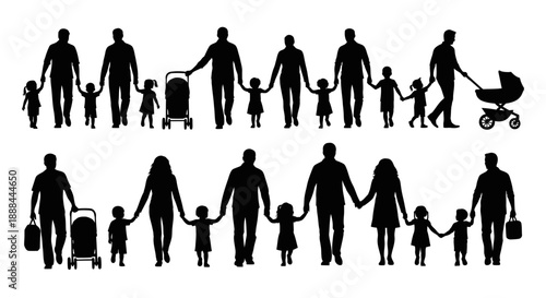 Diverse Family Silhouettes Walking Together with Strollers and Luggage