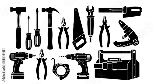 Collection of Assorted Black Silhouette Hand Tools and Power Tools