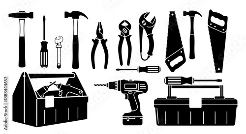 Collection of Black and White Silhouettes of Various Tools and Toolboxes