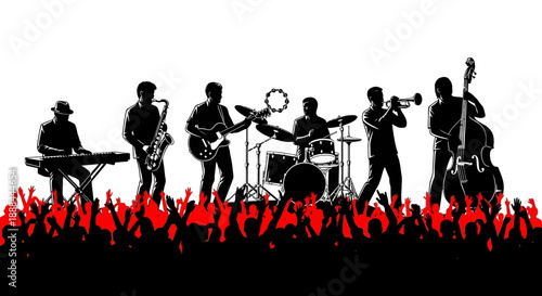 Silhouette of a Jazz Band Performing Music with Energetic Crowd Silhouettes