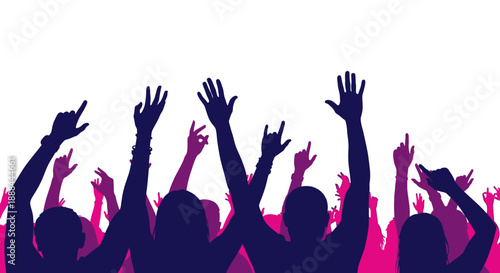 Excited Crowd with Raised Hands Silhouettes at a Concert or Festival Event