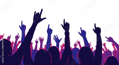 Excited Crowd Raising Hands Silhouette at Concert or Festival, Party Atmosphere