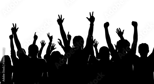 Silhouette of a Crowd Cheering and Raising Hands in Celebration Against a White Background