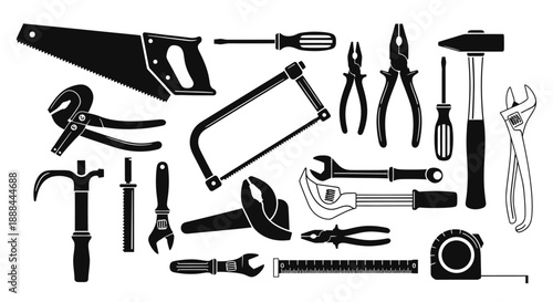 Collection of Black Silhouette Hand Tools for Construction and Repair on White Background