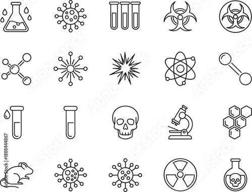 Science laboratory and medical research icons set featuring chemistry biology radiation virus experiments line vector symbols