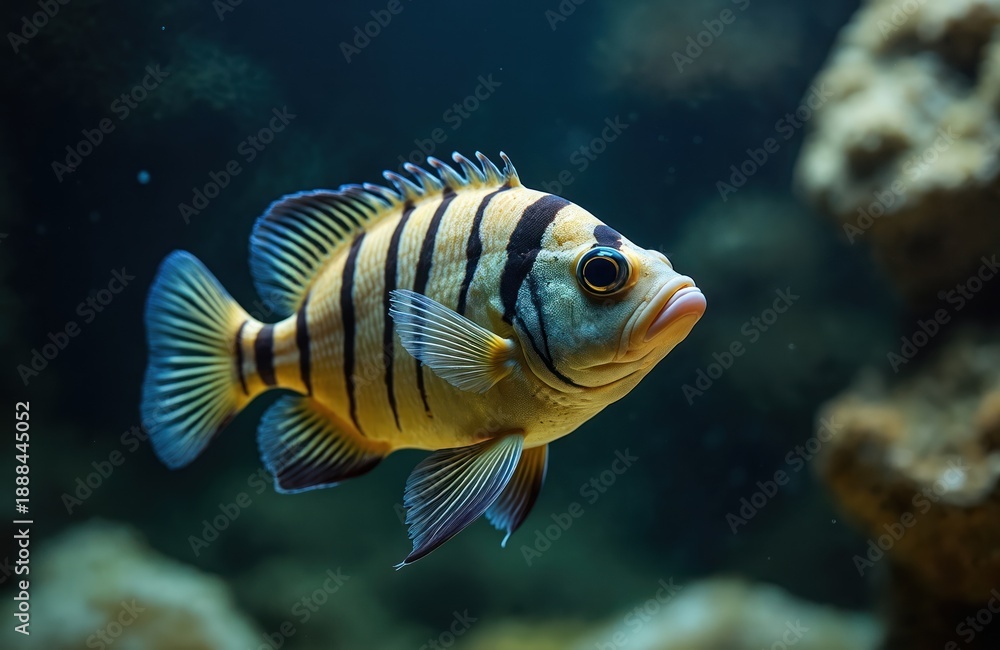 Fototapeta premium Yellow fish with black stripes swims underwater in dark ocean depths. A marine creature with large eyes explores coral reef environment. Aquatic life portrait in aquarium.
