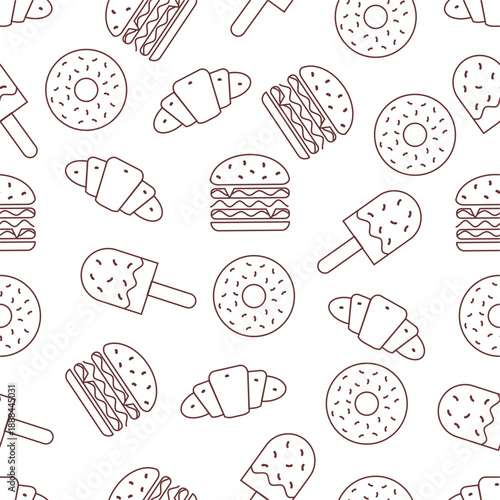 Fast foods pattern background. Seamless fast foods pattern design. Set of fast food icons collection. Doodle fast food icons collection. Doodle junk foods background.