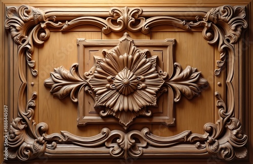 Intricate wood carving adorns door panel. Detailed floral ornament features acanthus leaves, central rosette. Ornate scrollwork decorates frame, masterful craftsmanship. Rich natural wood grain