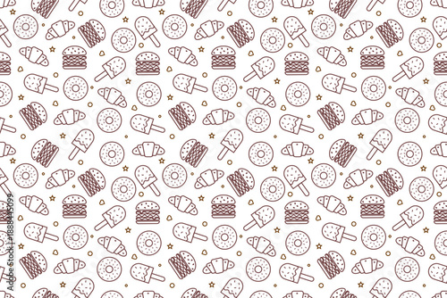 Fast foods pattern background. Seamless fast foods pattern design. Set of fast food icons collection. Doodle fast food icons collection. Doodle junk foods background.