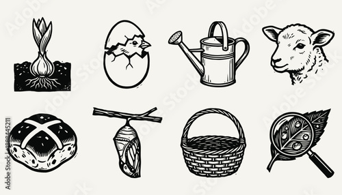 Vintage Woodcut Spring Icon Set Nature, Easter, and Growth Illustrations