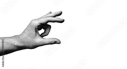 Vintage halftone drawing of hand holding small invisible object with index and thumb