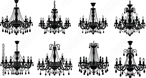 Collection of Luxury Chandelier Silhouettes, Ornate Antique Ceiling Lamp Icons with Crystal Drops, Vintage Lighting Fixtures for Interior Design and Elegant Home Decor Vector