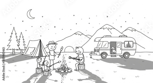 Two cartoon children enjoy camping by a campfire near a camper van.