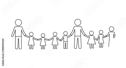 Two adults holding hands with a group of children.