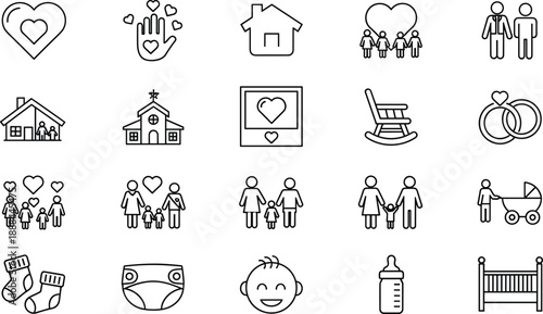 Family and Home Life Line Icons Featuring Parents, Children, Baby Care Items, Wedding Rings, Residential Houses, and Loving Relationship Symbols.