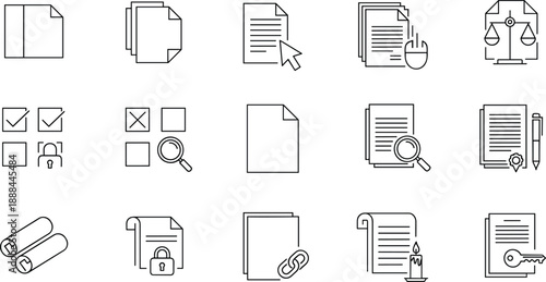 Legal Document Line Icons Set Featuring Law Scales, Signed Contracts, Secure Files, Research Magnifier, and Official Government Paperwork Symbols.