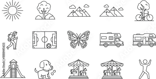 Outdoor Activity and Nature Line Icons Featuring Camping, Hiking, Parks, Travel, Sports, Wildlife, and Summer Vacation Elements for Adventure and Recreation Design.