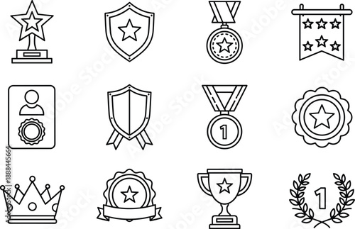 Premium Achievement Line Icons Set Featuring Winner Trophies, Gold Medals, Merit Shields, Star Awards, Ranking Insignias, and Success Recognition Symbols.