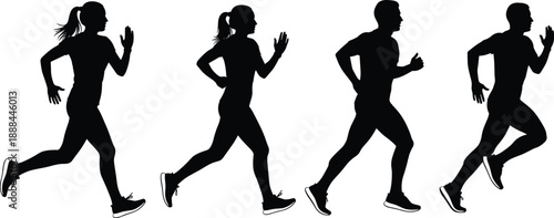 Black Running People Silhouette Vector Set Featuring Full Body Jogging Man and Woman Figures for Fitness Health Exercise Sport and Active Lifestyle Graphic Project Assets