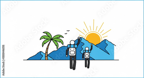 Two cartoon robots hiking in a mountainous tropical landscape at sunrise.