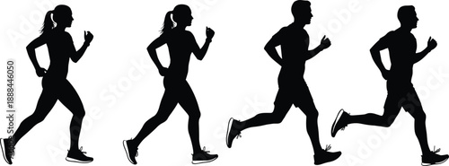 Black Running People Silhouette Vector Set Featuring Full Body Jogging Man and Woman Figures for Fitness Health Exercise Sport and Active Lifestyle Graphic Project Assets