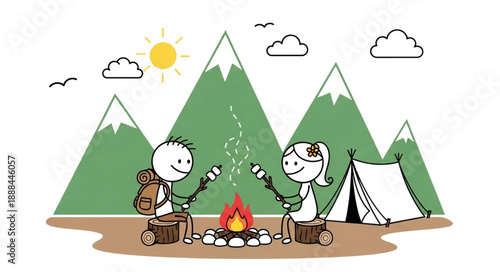 Two cartoon people enjoying a campfire in the mountains.