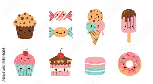 Cute dessert assortment cupcakes candies ice cream and sweets illustration