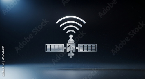 Satellite in space with wi fi signal emitted dark background with light beam