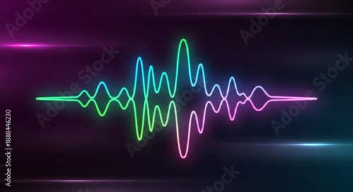 Neon sound wave graphic with purple blue and green hues on a dark background conveying energy and technology