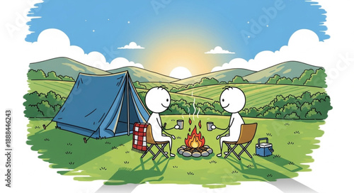 Two cartoon people camping by a campfire with a tent.