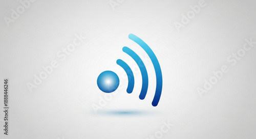 Wifi signal icon with blue curved lines and glowing orb on gray background representing wireless internet connection and communication technology