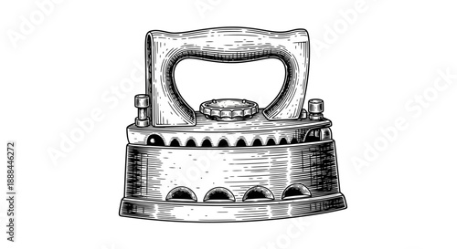Vintage Flat Iron Illustration: Antique Laundry Tool with Wooden Handle, Black and White Sketch