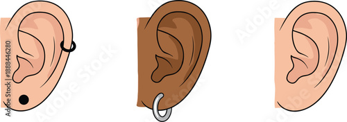 Human ear illustration set with different skin tones and piercings for anatomy diversity medical education vector design