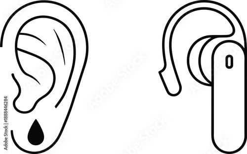Human ear icon with droplet and modern hearing aid device for audiology healthcare accessibility branding vector illustration