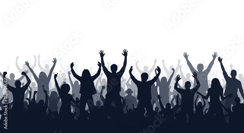 Silhouettes of a Diverse Crowd Cheering and Celebrating with Arms Raised Up