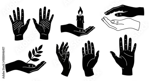 Vector Set of Diverse Hands Offering Support, Candle, and Plant Elements