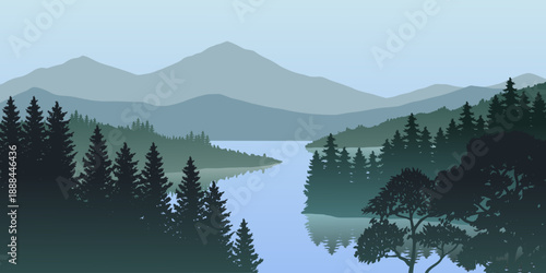 Tranquil Mountain Lake with Forest Silhouettes