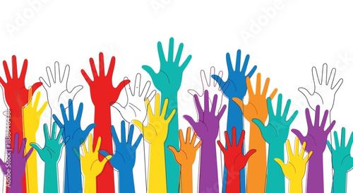 Diverse Hands Raised in Unity and Participation, Representing Community and Teamwork