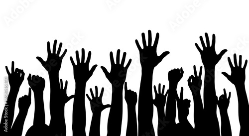 Silhouette of diverse hands raised in the air, symbolizing unity, participation, and celebration