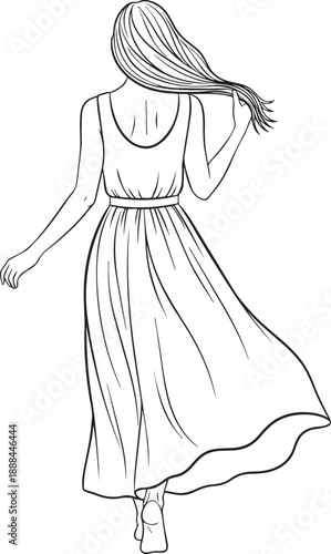 Elegant line drawing of a woman in a maxi dress, turning away and touching her hair, evoking grace and a sense of mystery.