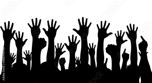 Many raised hands in a crowd, symbolizing support, unity, and voting or asking questions.