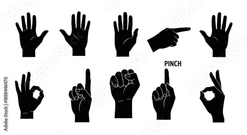 Collection of Black Hand Gestures and Poses on White Background