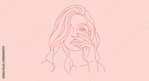Minimalist Art Portrait of a Woman with Flowing Hair and Hand Covering Face