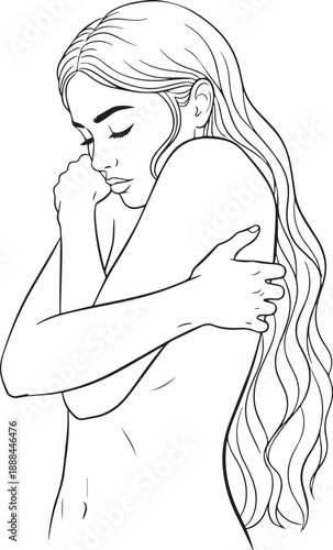 Elegant line art illustration of a woman embracing herself, conveying self-love and body positivity with a gentle, thoughtful expression.