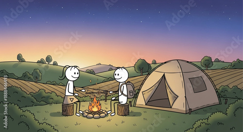 Two cartoon people camping by a campfire at dusk with a tent.