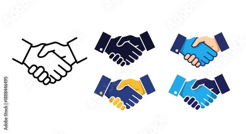 Set of Handshake Icons Representing Agreement, Partnership and Business Cooperation
