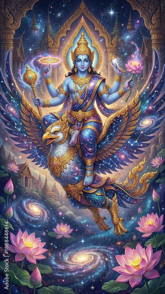 Fototapeta premium authentic human lifestyle concept Cosmic Lord Vishnu riding his divine mount Garuda through a celestial galaxy of stars and sacred lotus flowers, an epic illustration of Hindu mythology. modern commer