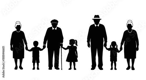 Generations Holding Hands: Vector Illustration of Family Silhouettes and Relationships