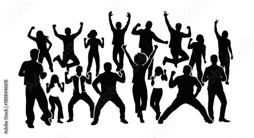 Diverse Silhouettes of Joyful People Celebrating Success and Achievements
